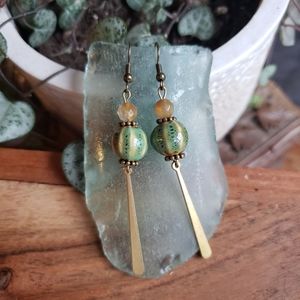 Handmade Elegant Citrine Quartz Earrings Ceramic Melon Beads Raw Brass Droplets
